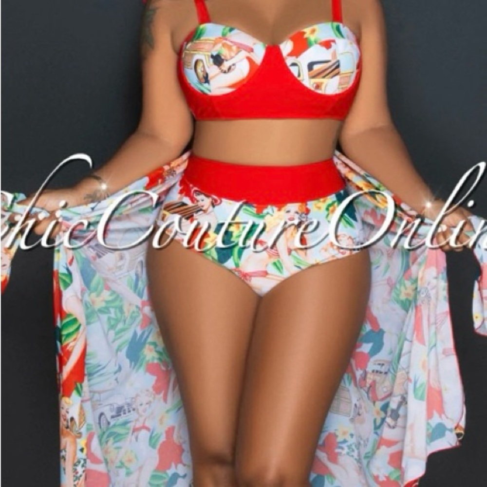 RED MULTI-COLOR PRINT TOP/BIKINI & COVER UP 3 PIECE SET SWIMSUIT